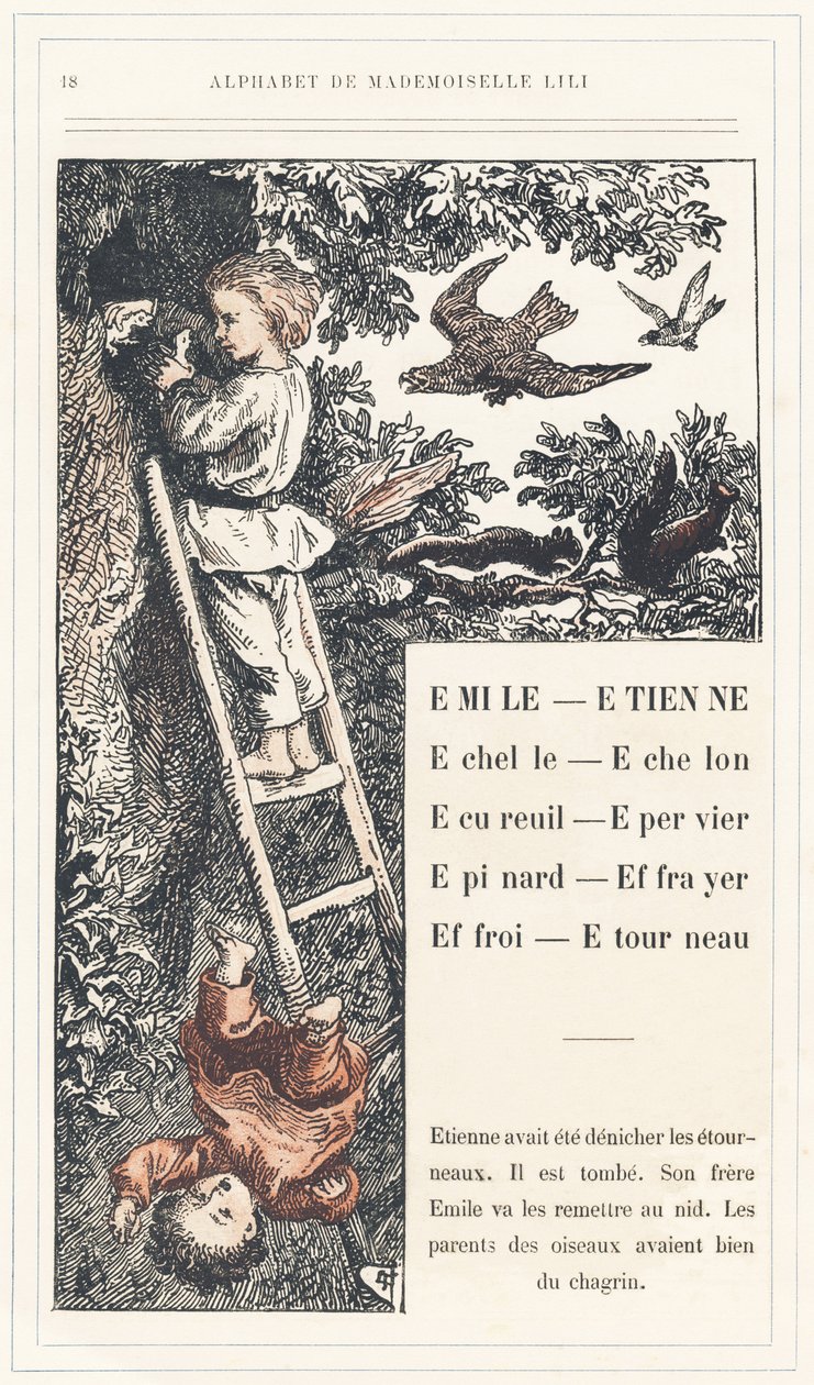 Emile, Etienne, Echelle, Echelon, Orava, Varpunen, Epinard, Scarer, Farry, Stourneau, sivu 18 - Aakkoset, kirjoittanut Mademoiselle Lili, kirjoittanut L. Froelich ja isä (Hetzel itse). Bibliotheque  Magasin d
