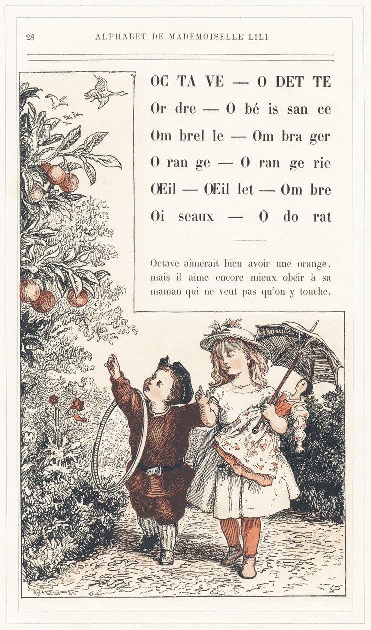 Octave, Odette, Järjestys, Kuuliaisuus, Sateenvarjo, Varjo, Oranssi, Orangerie, Silmä, Neilikka, Varjo, Linnut, Tuoksu, sivu 28 - Mademoiselle Lilin aakkoset, kirjoittanut L. Froelich ja isä (Hetzel itse). Bibliotheque  Magasin d