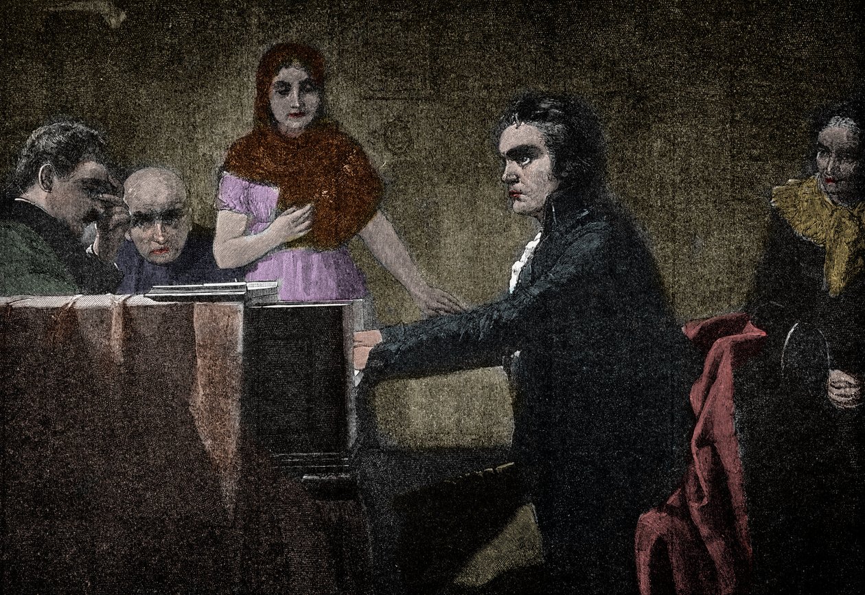Ludwig van Beethoven soittaa Moonlight-sonaattia - kaiverrus Lorenz Vogelin mukaan - Ludwig van Beethoven (1770-1827), saksalainen muusikko, soittaa sonaattia UT-mollissa (Moonlight - Moonlight) Lorenz Vogelin (1846-1902) maalauksen jälkeen tekijältä Lorenz Vogel