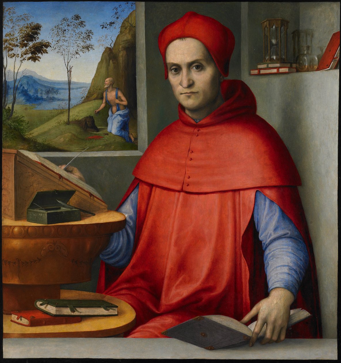 Kardinaalin muotokuva hänen tutkimuksessaan, n. 1510-20 (öljy ja tempera poppelitaulussa) tekijältä Lorenzo Costa