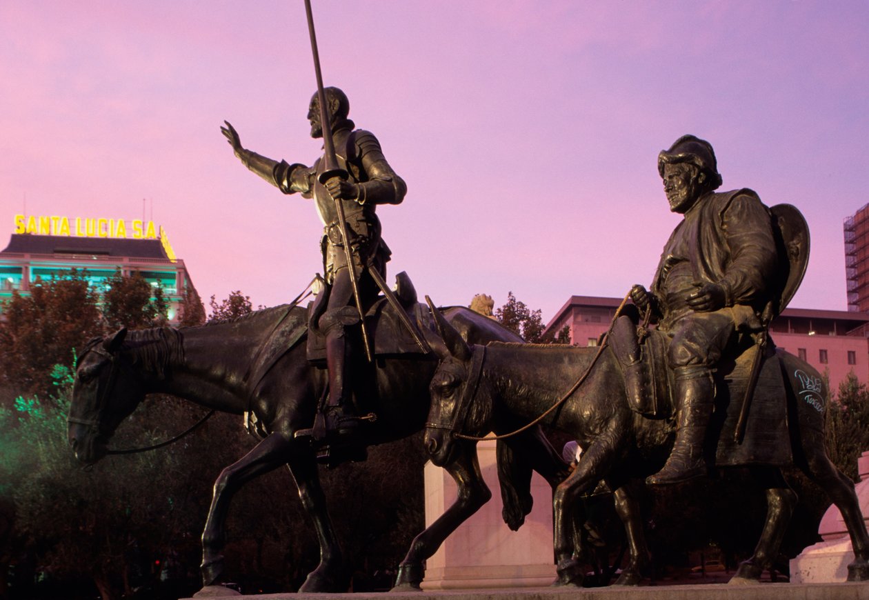 Don Quijote ja Sancho Panza, Miguel Cervantesin muistomerkistä, 1928-30 (pronssi) tekijältä Lorenzo Coullaut Valera