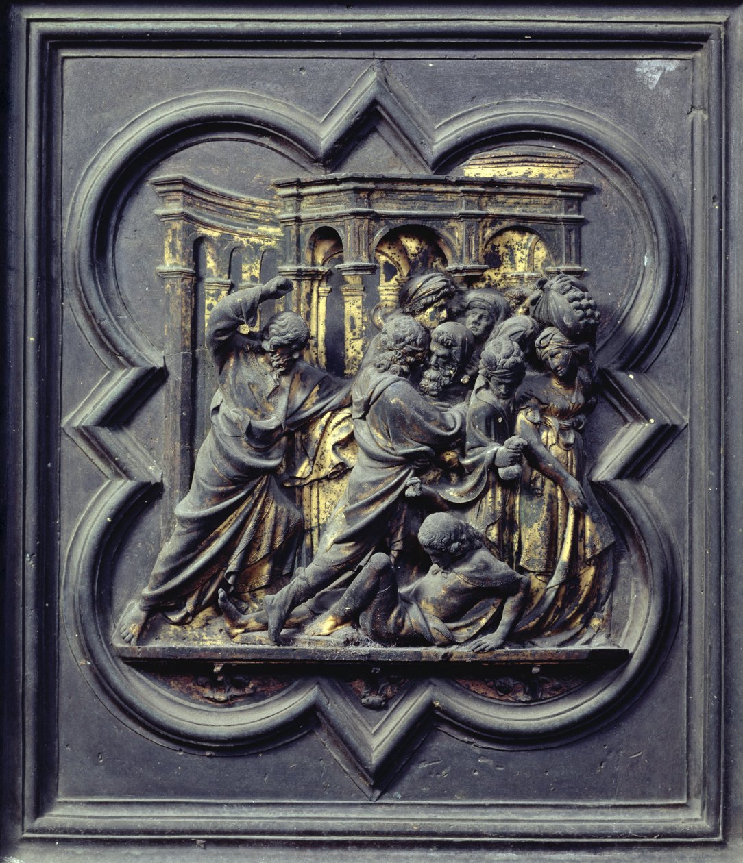 Kristus jahtaa kauppiaita temppelistä, San Giovannin kastekappelin pohjoisovien seitsemäs paneeli, 1403-24 (pronssi) tekijältä Lorenzo Ghiberti