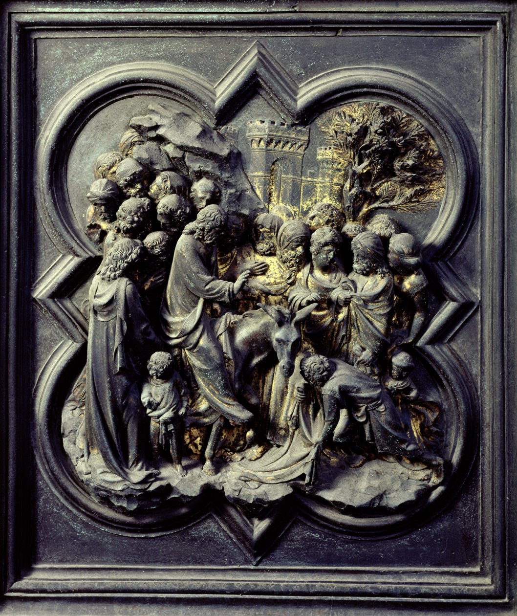 Jeesuksen tulo Jerusalemiin, San Giovannin kastekappelin pohjoisten ovien yhdestoista paneeli, 1403-24 (pronssi) tekijältä Lorenzo Ghiberti