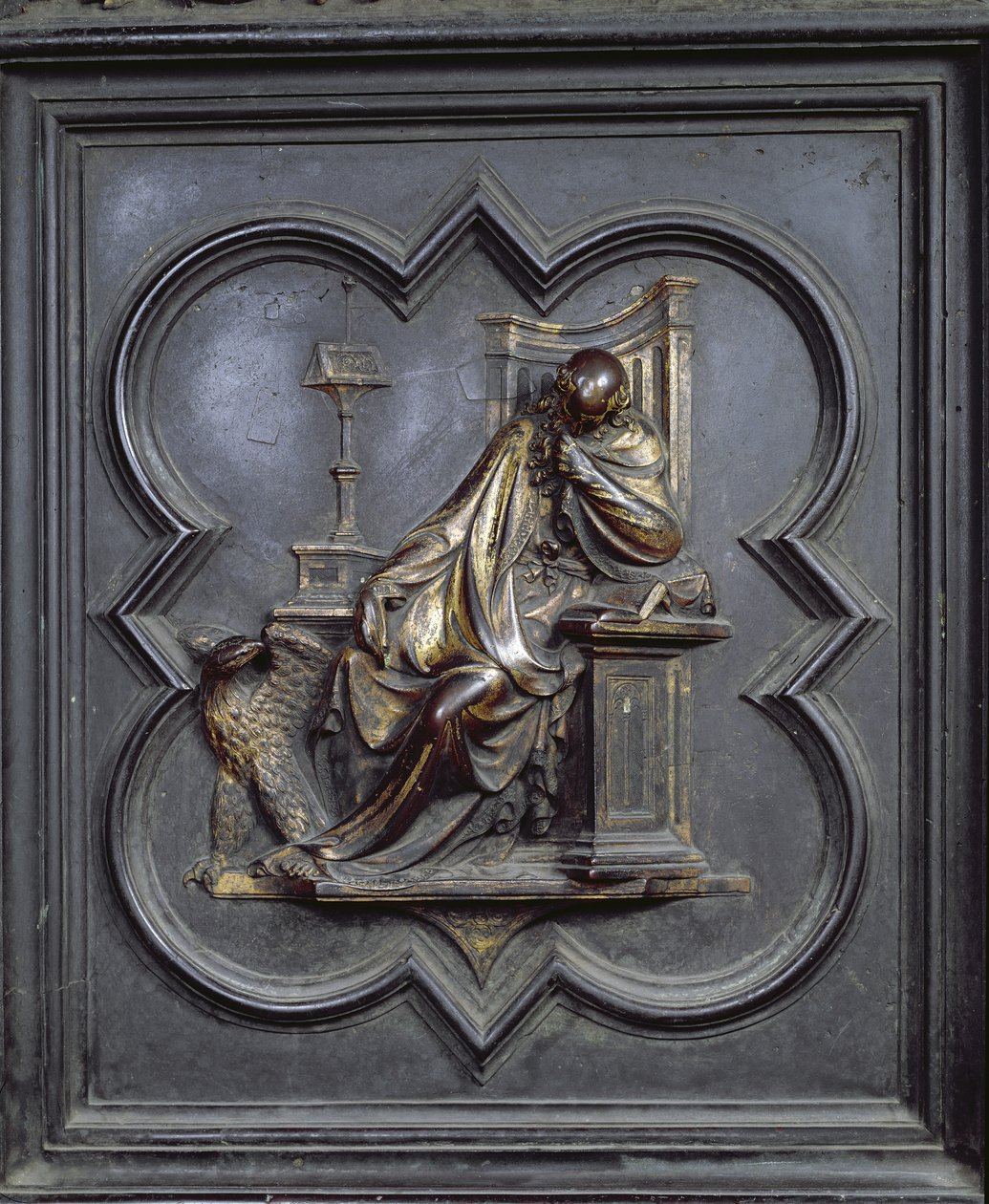 Pyhä Johannes Evankelista, paneeli A San Giovannin kastekappelin pohjoisista ovista, 1403-24 (pronssi) tekijältä Lorenzo Ghiberti