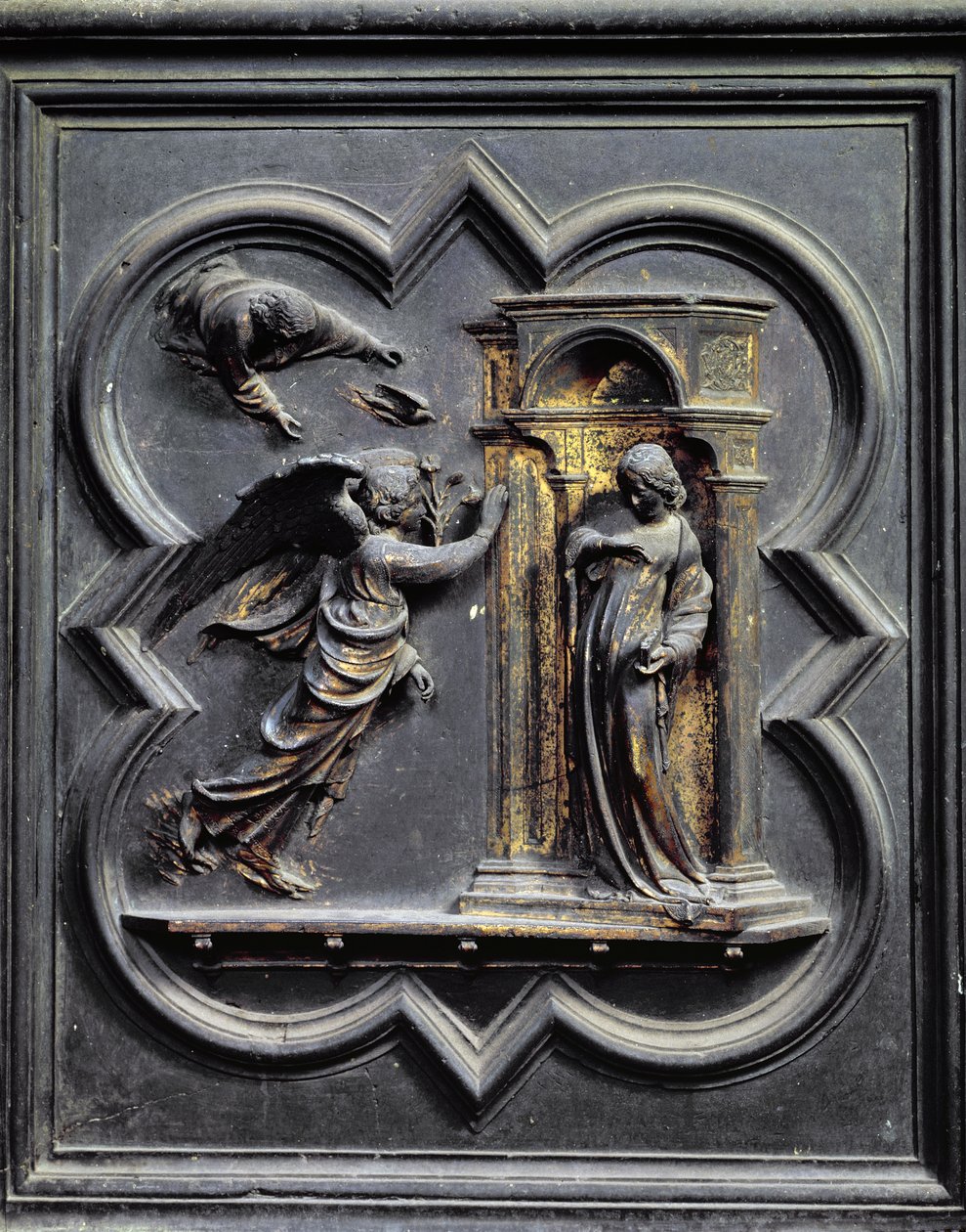Marian ilmestys, San Giovannin kastekappelin pohjoisten ovien ensimmäinen paneeli, 1403-24 (pronssi) tekijältä Lorenzo Ghiberti
