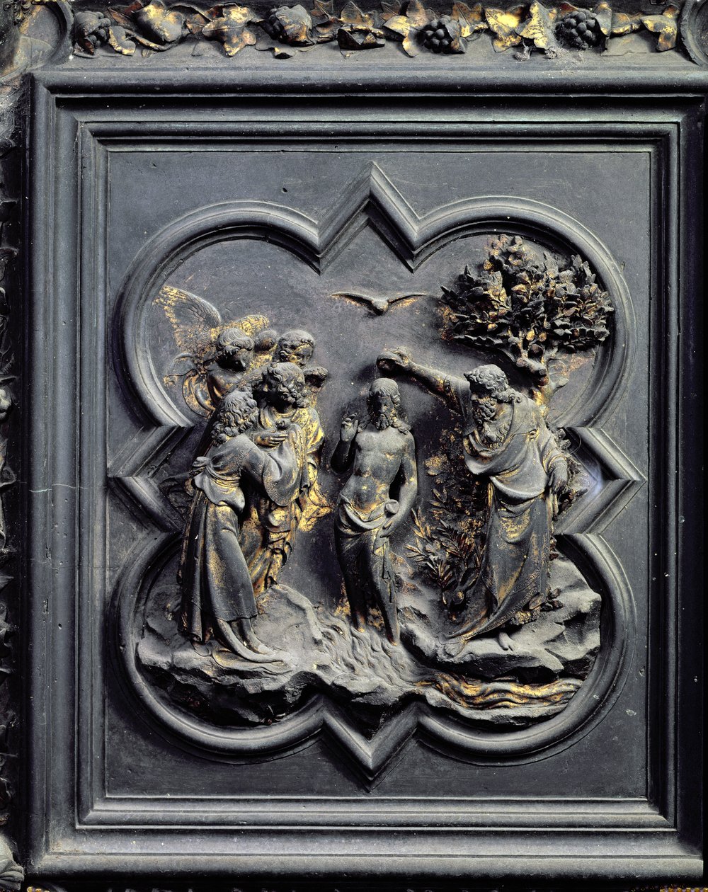 Kristuksen kaste, San Giovannin kastekappelin pohjoisten ovien viides paneeli, 1403-24 (pronssi) tekijältä Lorenzo Ghiberti