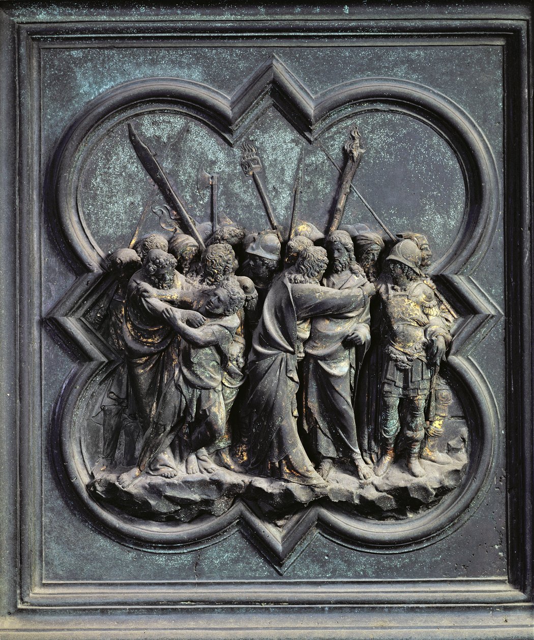 Kristuksen vangitseminen, San Giovannin kastekappelin pohjoisten ovien neljästoista paneeli, 1403-24 (pronssi) tekijältä Lorenzo Ghiberti