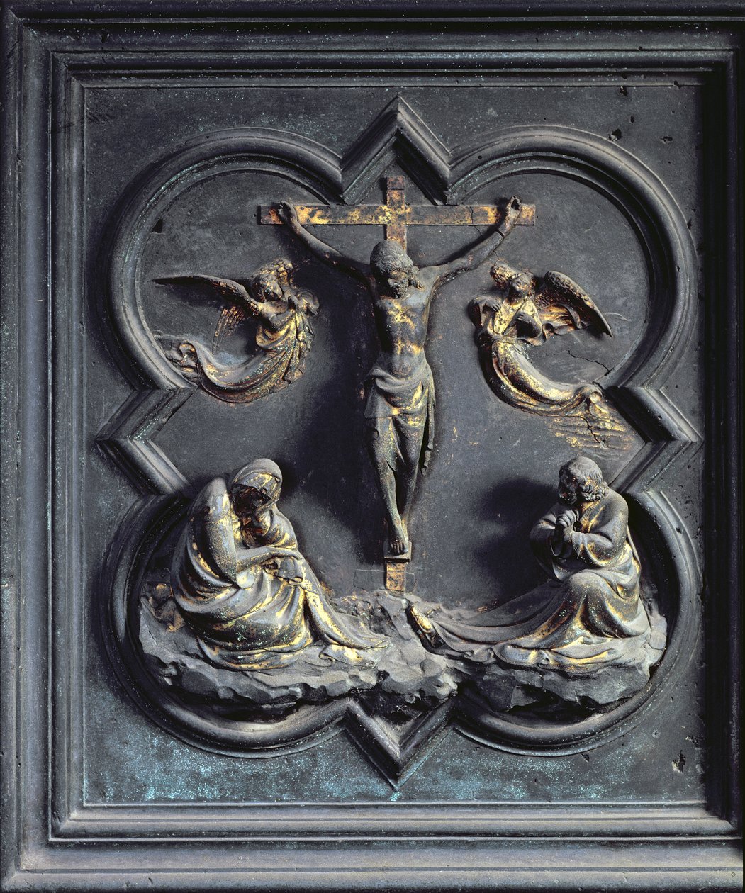 Ristiinnaulitseminen, kahdeksastoista paneeli San Giovannin kastekappelin pohjoisista ovista, 1403-24 (pronssi) tekijältä Lorenzo Ghiberti