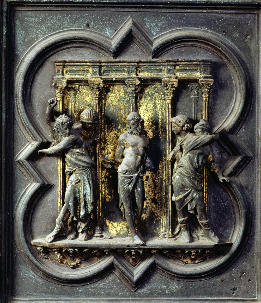 Kristuksen ruoskiminen, San Giovannin kastekirkon pohjoisovien viidestoista paneeli, 1403-24 (pronssi). tekijältä Lorenzo Ghiberti