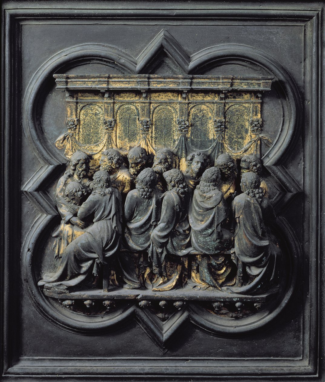 Viimeinen ehtoollinen, San Giovannin kastekappelin pohjoisten ovien kahdestoista paneeli, 1203-24 (pronssi) tekijältä Lorenzo Ghiberti