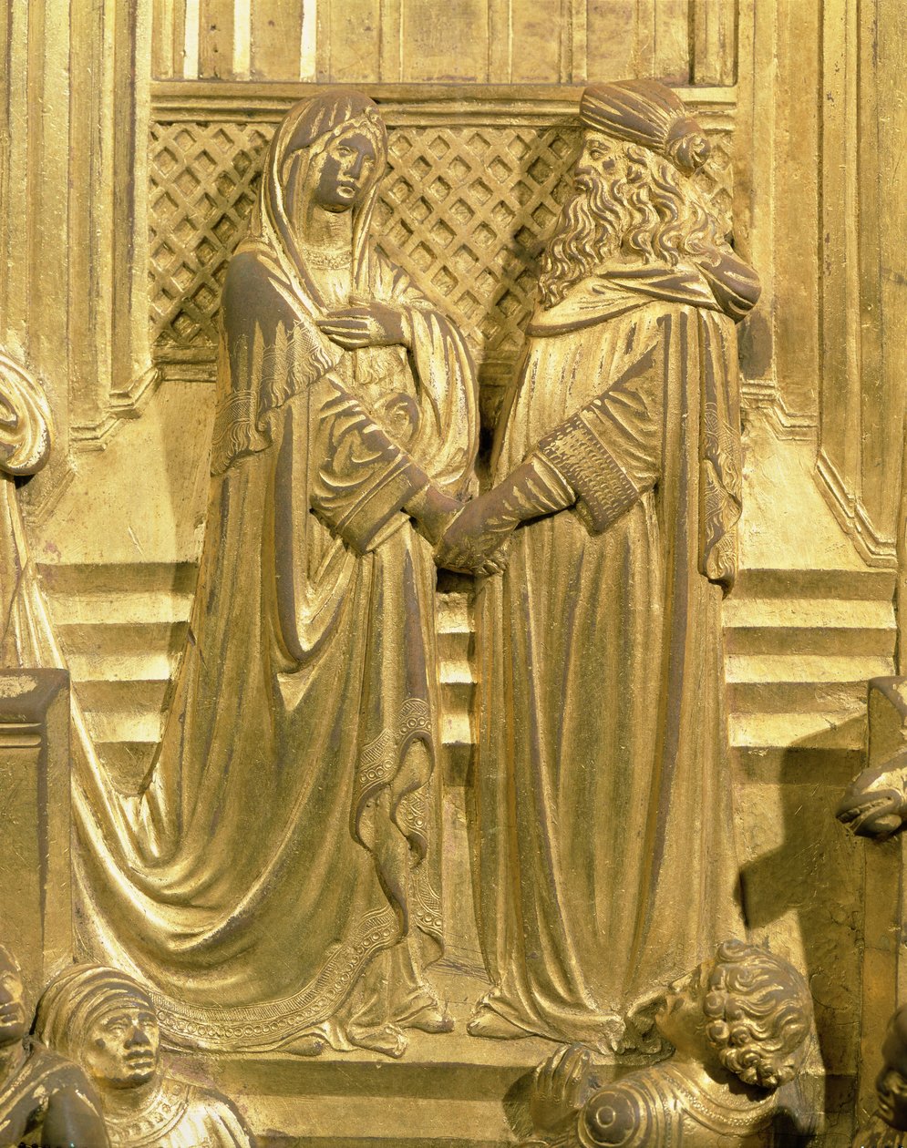 Kuningas Salomon ja Saban kuningattaren tapaaminen, yksityiskohta alkuperäisestä kastekappelin East Doors -paneelista, 1425-52 (kullattua pronssia) (restauroinnin jälkeinen) tekijältä Lorenzo Ghiberti