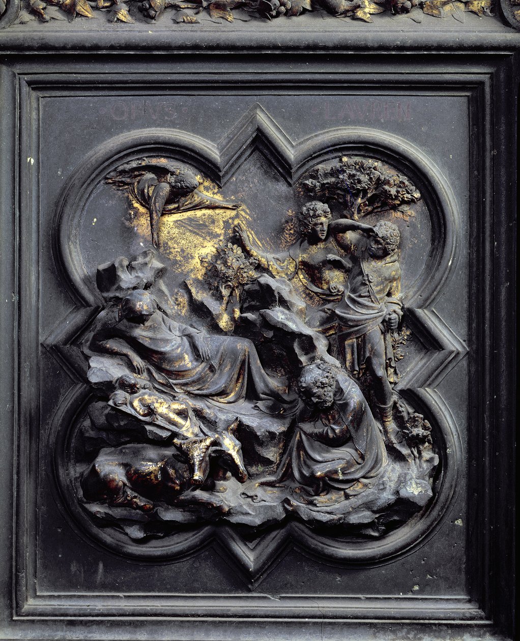 Syntymä, toinen paneeli San Giovannin kastekappelin pohjoisista ovista, 1403-24 (pronssi) tekijältä Lorenzo Ghiberti