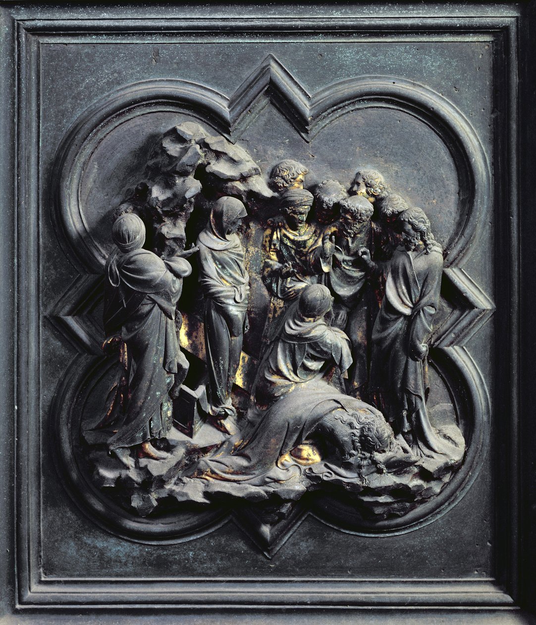 Lasaruksen herättäminen, San Giovannin kastekappelin pohjoisten ovien kymmenes paneeli, 1403-24 (pronssi) tekijältä Lorenzo Ghiberti