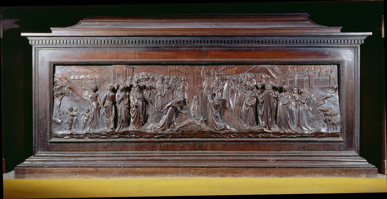 Pyhän Zenobiuksen pyhäkkö, jossa on yksi pitkä paneeli, joka kuvaa Strozzi-pojan ihmettä. n. 1432-42 (pronssi) tekijältä Lorenzo Ghiberti