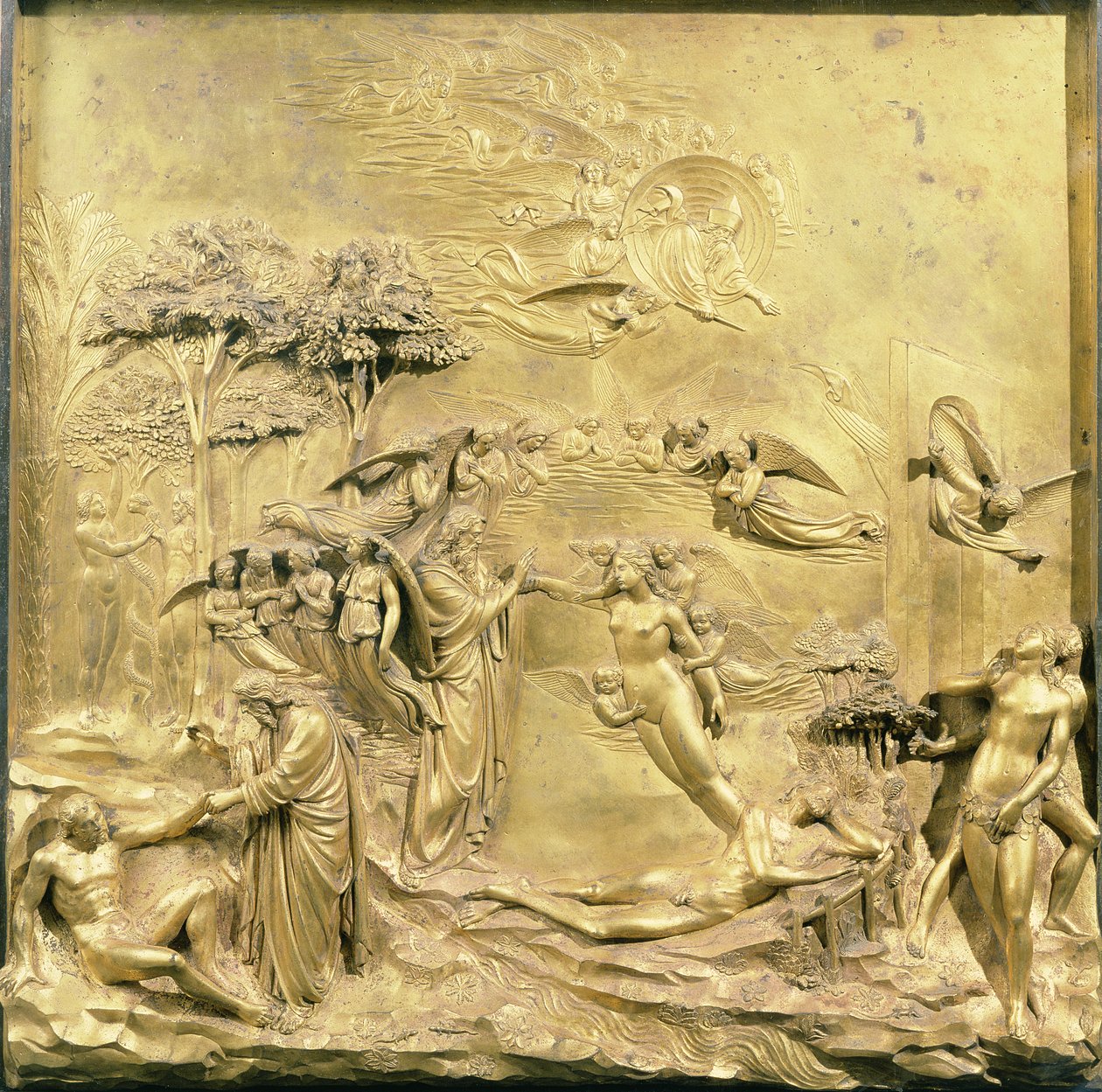Aadamin tarina, yksi alkuperäisistä kastekappelin East Doors -paneeleista, 1425-52 (kullattua pronssia) (kunnostuksen jälkeinen) tekijältä Lorenzo Ghiberti