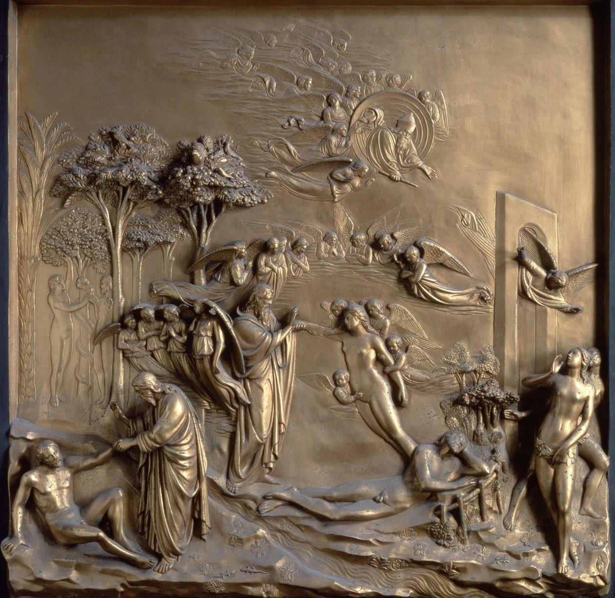 Aadamin tarina: Aadamin ja Eevan luominen, kiusaus ja karkottaminen puutarhasta, yksi kymmenestä paratiisin porttien kohokuviotaulusta (itäovet), kirjoittanut Lorenzo Ghiberti (1378-1455) 1425 tekijältä Lorenzo Ghiberti
