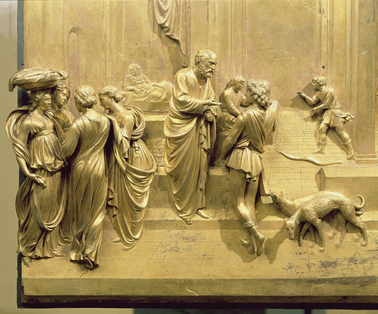 Tarina Jaakobista ja Esausta, yksityiskohta alkuperäisestä paneelista kastekappelin East Doors, 1425-52 (kullattua pronssia) (kunnostuksen jälkeen) tekijältä Lorenzo Ghiberti