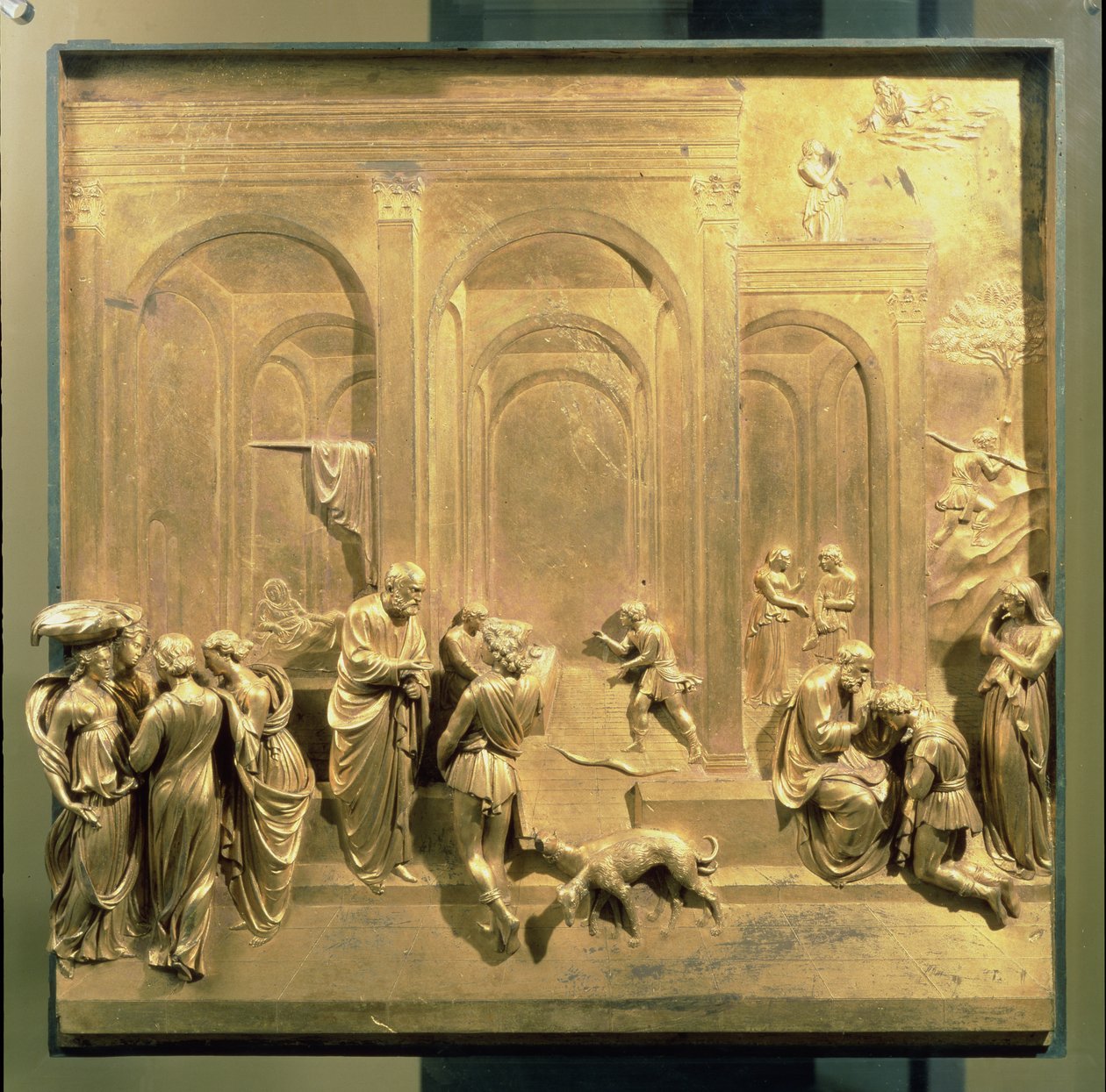 Jaakobin ja Esaun tarina, alkuperäinen paneeli kastekappelin East Doorsista, 1425-52 (kullattua pronssia) (kunnostuksen jälkeinen) tekijältä Lorenzo Ghiberti