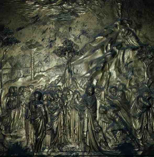 Mooseksen tarina Siinain vuorella, yksityiskohta Paratiisin ovista, 1425-52 (pronssi) tekijältä Lorenzo Ghiberti