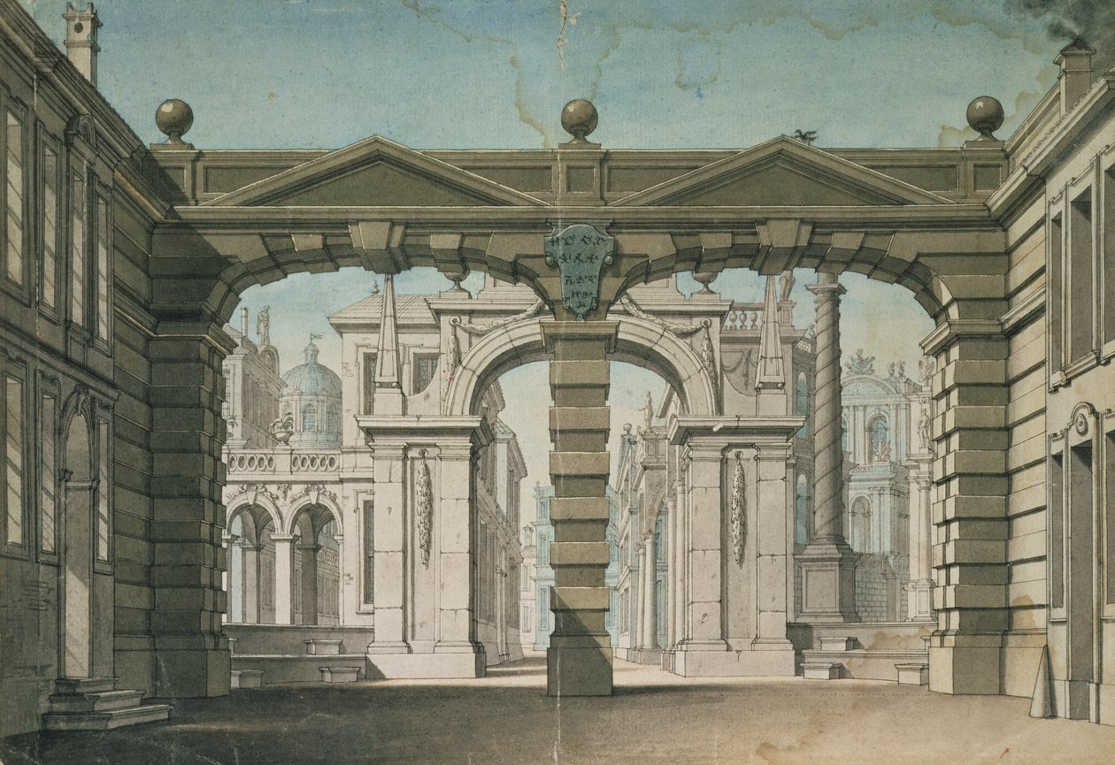 Lavastus Wolfgang Amadeus Mozartin Idomeneon maailmanensi-esitykseen Münchenissä, 1781 (kynä ja pesu) tekijältä Lorenzo I Quaglio