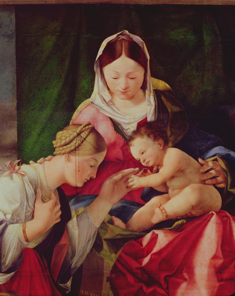 Yksityiskohta Pyhän Katariinan mystistä häistä öljyä paneelissa tekijältä Lorenzo Lotto