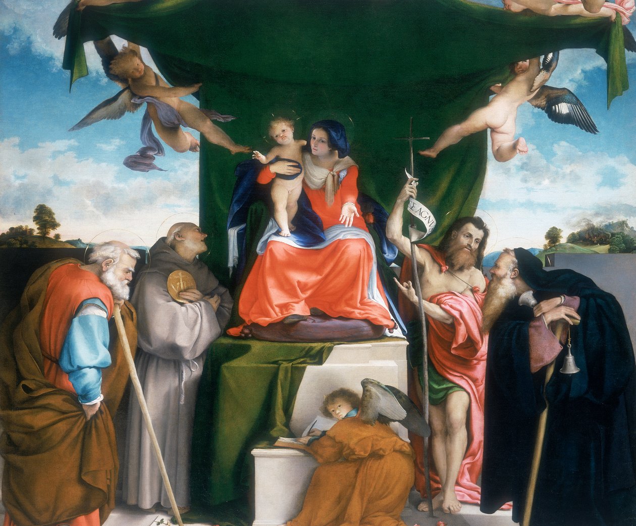 Madonna ja lapsi valtaistuimella enkelien ja pyhien kanssa tekijältä Lorenzo Lotto