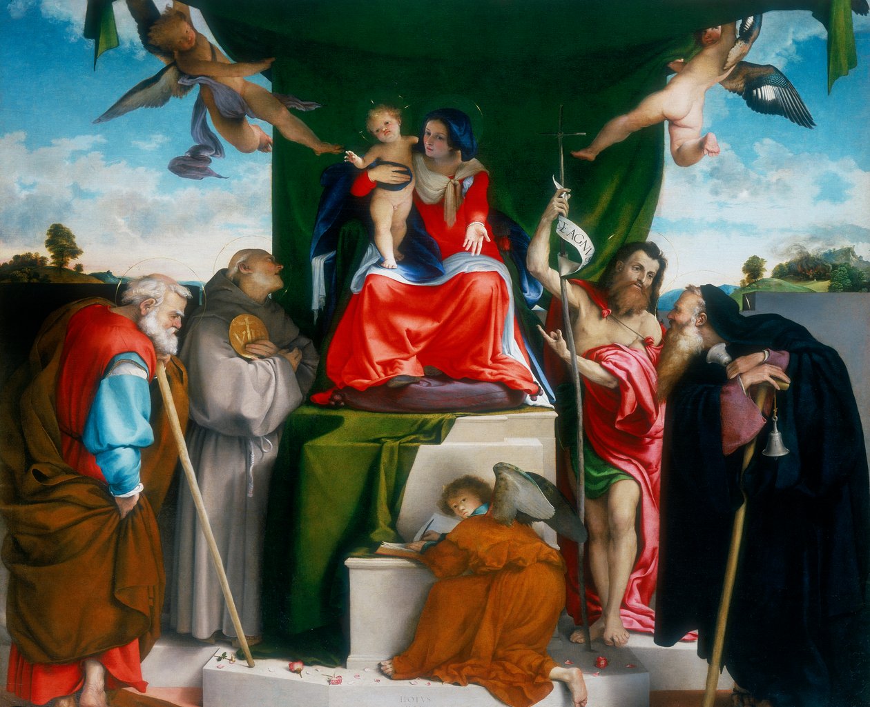 Madonna ja lapsi valtaistuimelle enkelien ja pyhien kanssa, 1521 tekijältä Lorenzo Lotto