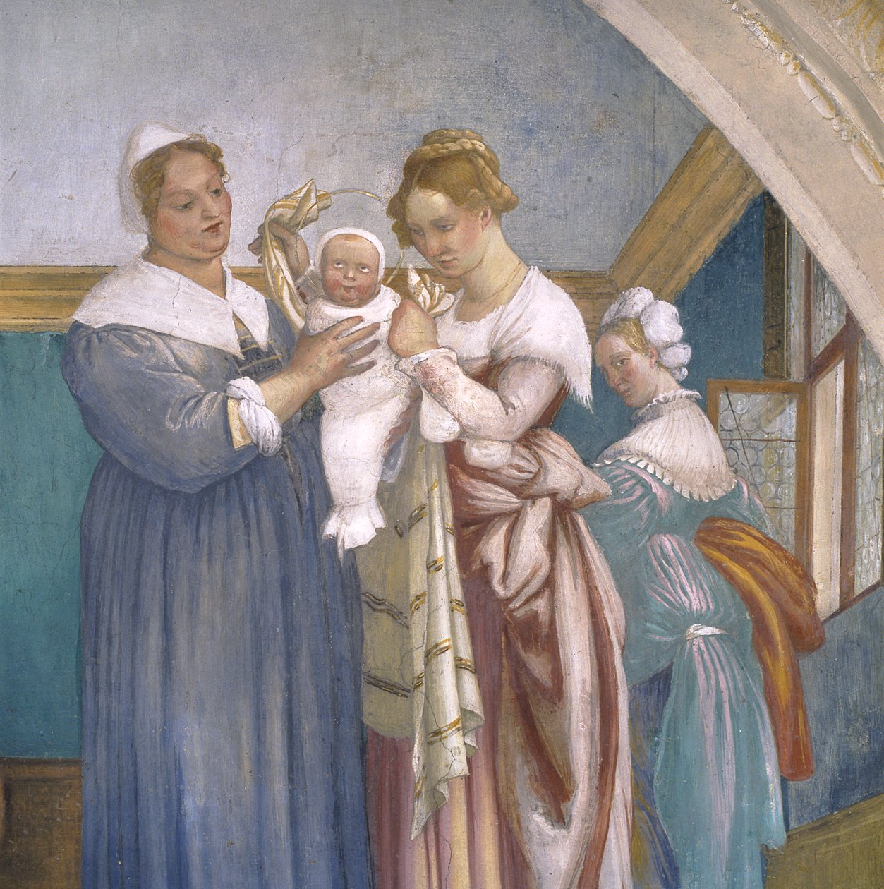 Neitsyt syntymä, lunette Lotto-kappelista, 1525 tekijältä Lorenzo Lotto