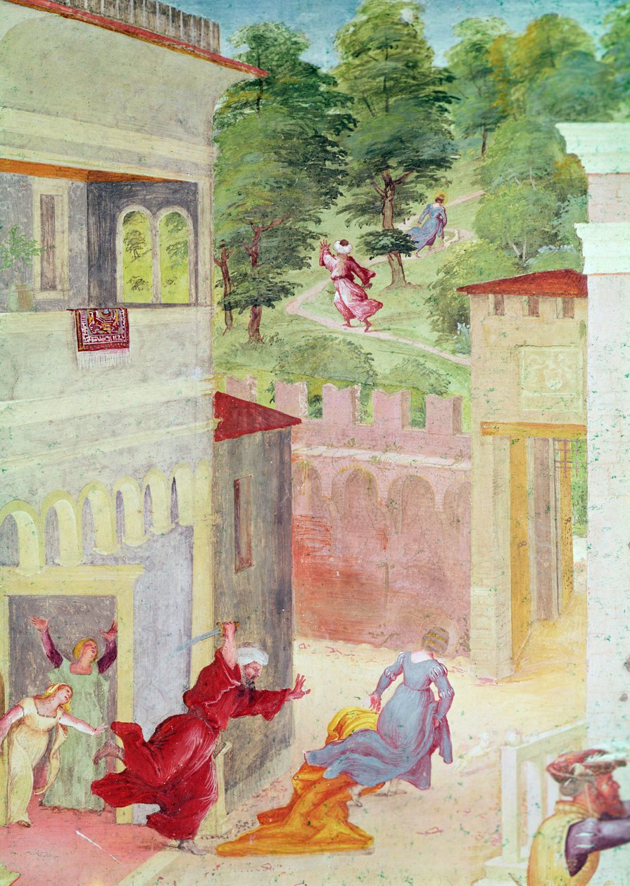 Kohtauksia St. Barbaran elämästä, yksityiskohta Pyhän Barbaran isänsä uhkauksesta, n. 1523-24 tekijältä Lorenzo Lotto