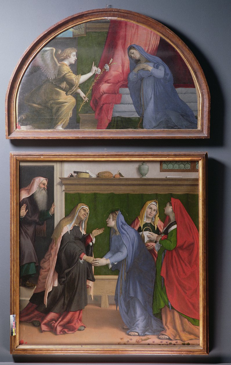 Ilmoitus ja vierailu, kaksi alttaritaulun muodostavaa maalausta, 1530-35 tekijältä Lorenzo Lotto
