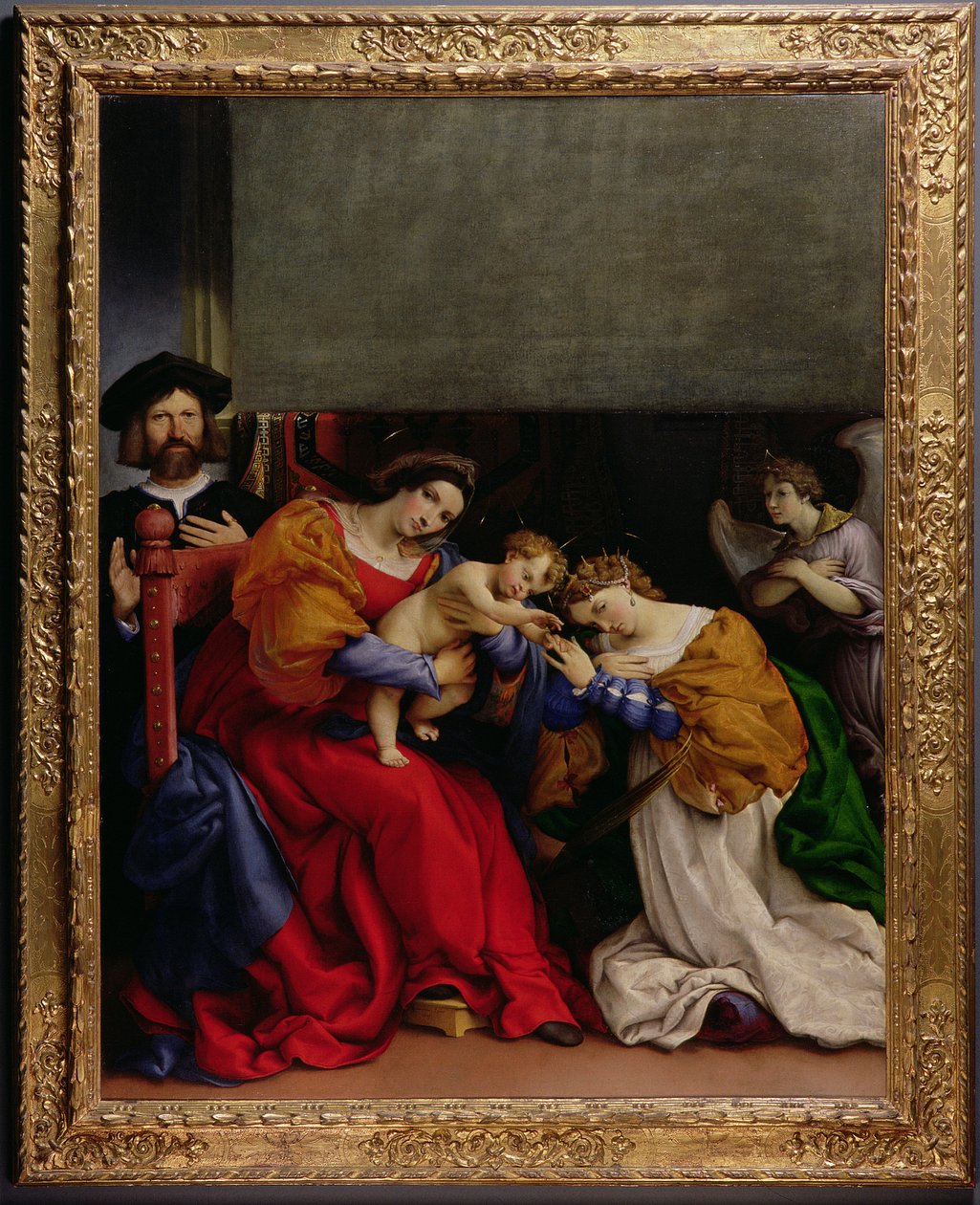 Pyhän Katariinan mystinen avioliitto suojelijan Niccolo Bonghin kanssa, 1523 tekijältä Lorenzo Lotto