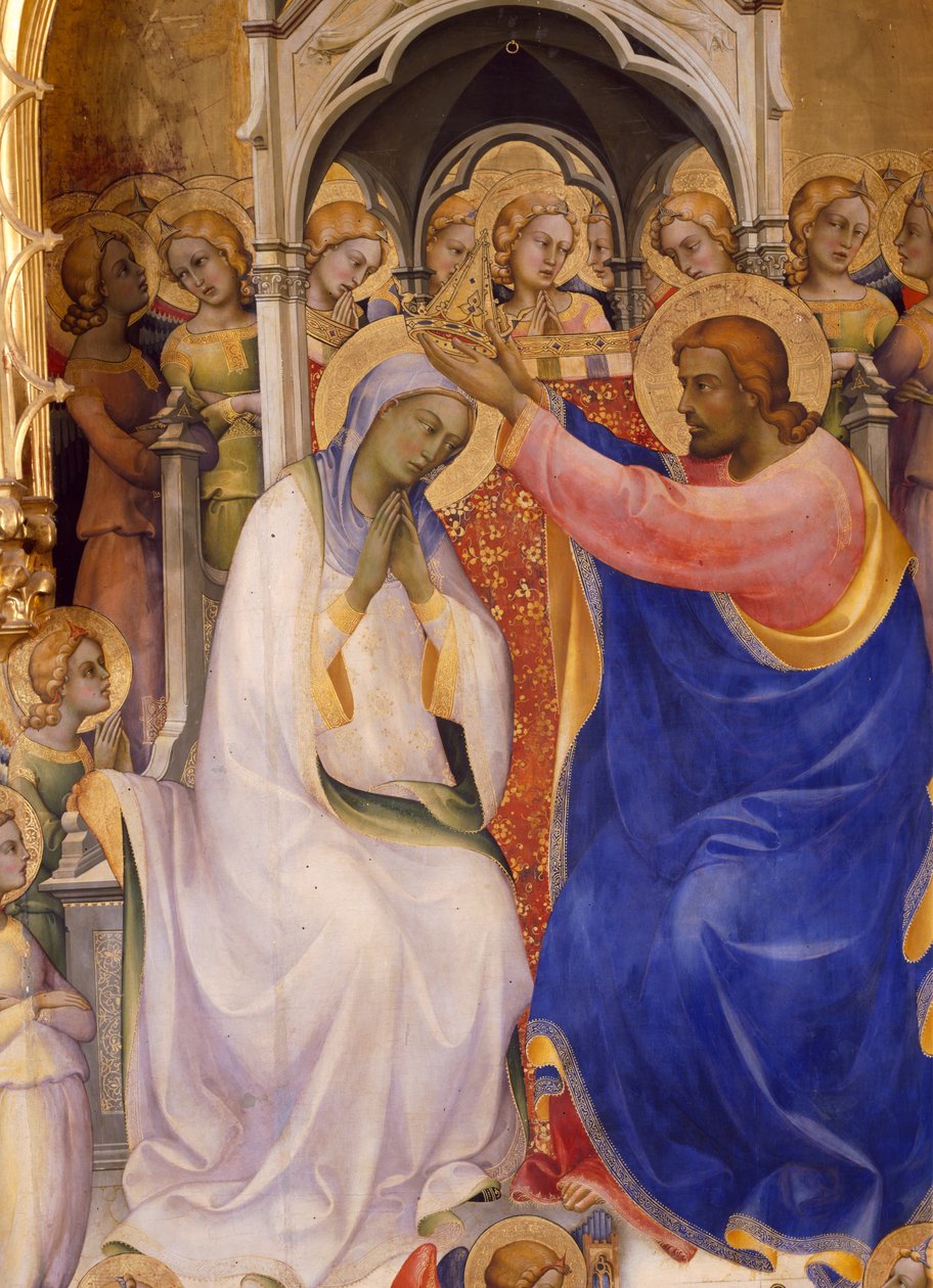 Neitsyen kruunaus, yksityiskohta, jossa Kristus kruunaa Neitsyt, 1414 (tempera paneelissa) tekijältä Lorenzo Monaco