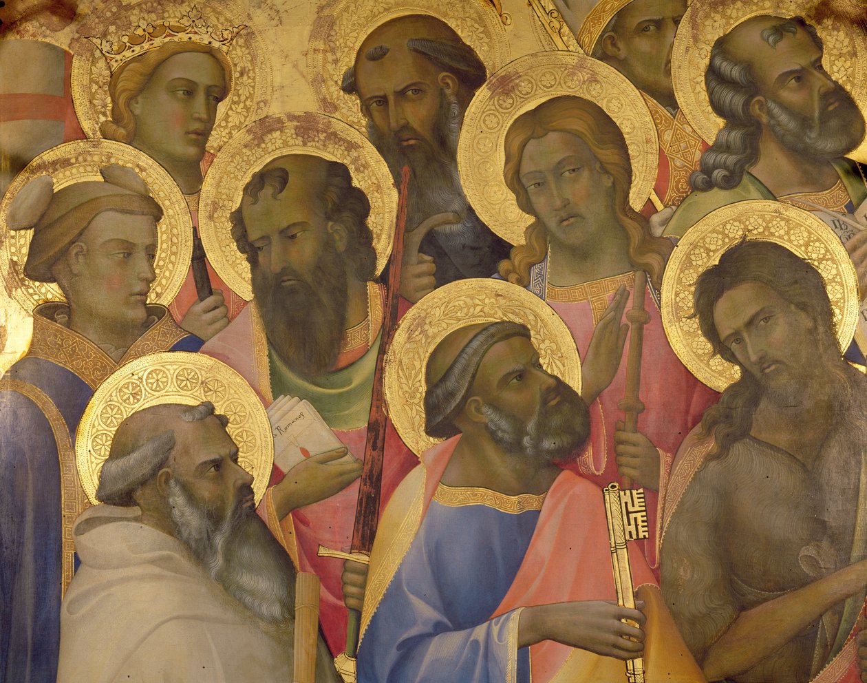 Neitsyen kruunaus, yksityiskohta pyhien kasvoista, 1413 (tempera taulussa) tekijältä Lorenzo Monaco
