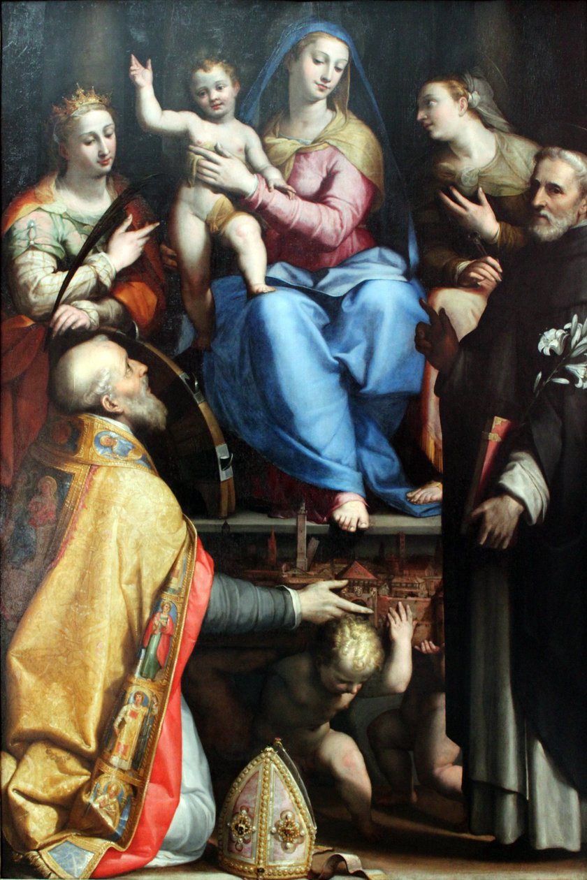 Thronende Maria mit dem segnenden Kind und den heiligen Petronius, Katharina von Alexandrien, Dominikus und Apollonia tekijältä Lorenzo Sabbatini