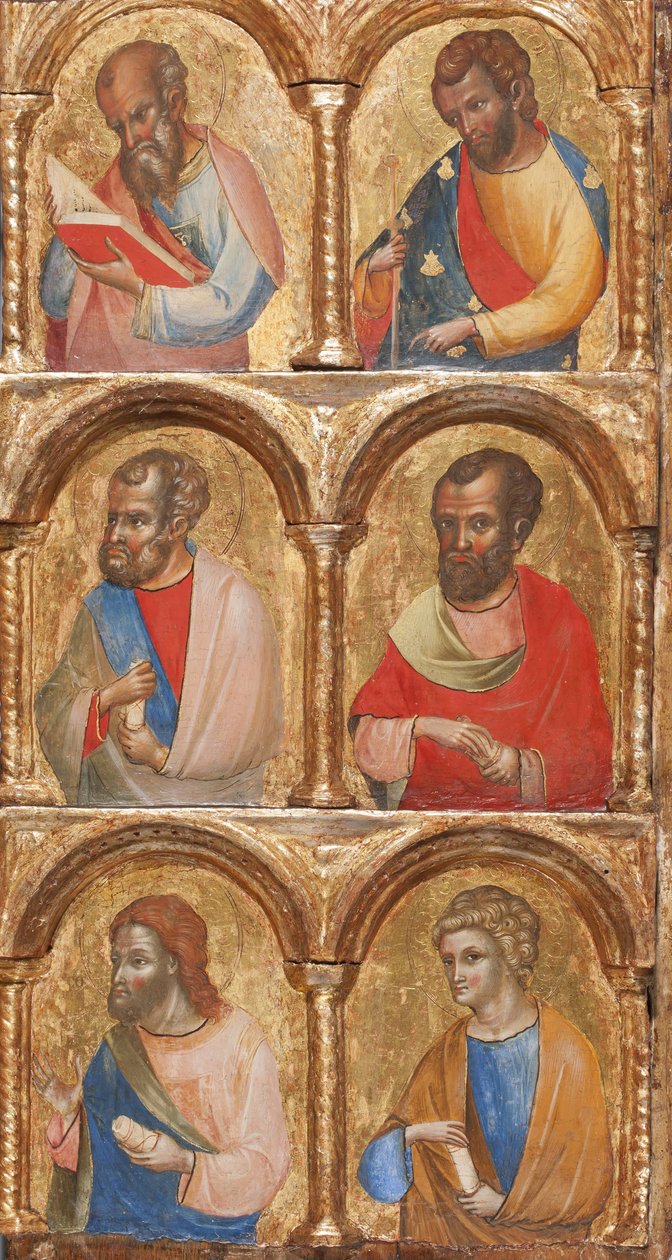Yksityiskohta Madonna ja lapsi enkelien kanssa, ristiinnaulitseminen ja kaksitoista apostolia tai pyhää, n. 1360 tempera paneelissa tekijältä Lorenzo Veneziano