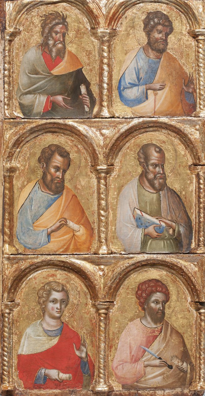Yksityiskohta Madonna ja lapsi enkelien kanssa, ristiinnaulitseminen ja kaksitoista apostolia tai pyhää, n. 1360 tempera paneelissa tekijältä Lorenzo Veneziano