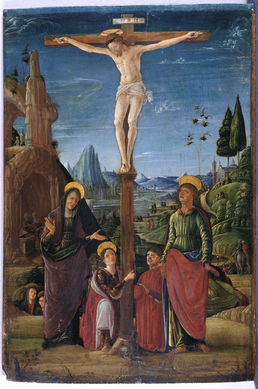 Ristiinnaulitseminen Marian, Johanneksen, Maria Magdaleenan ja hyväntekijän kanssa, n. 1480 (tempera puulla) tekijältä Lorenzo attr. to Costa