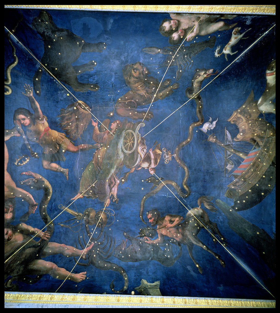 Horoskooppimerkit, yksityiskohta Sala dello Zodiacon katosta, 1579 tekijältä Lorenzo Costa