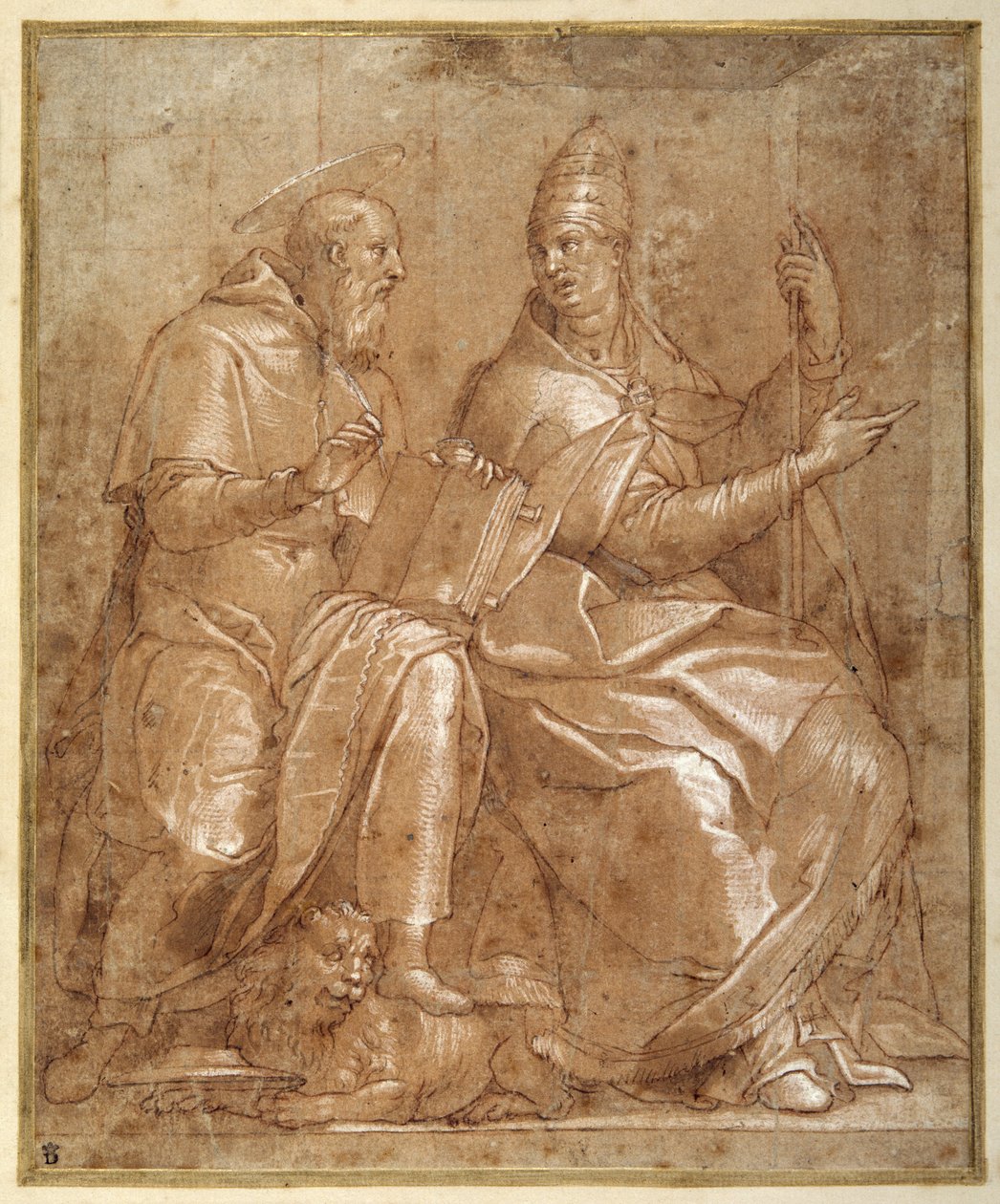 Pyhä Hieronymus keskustelee Pyhän Gregory Suuren kanssa (kynä ja ruskea muste punaruskealla pesulla ja korostuksella) tekijältä Lorenzo (c.1530 76) Sabatini