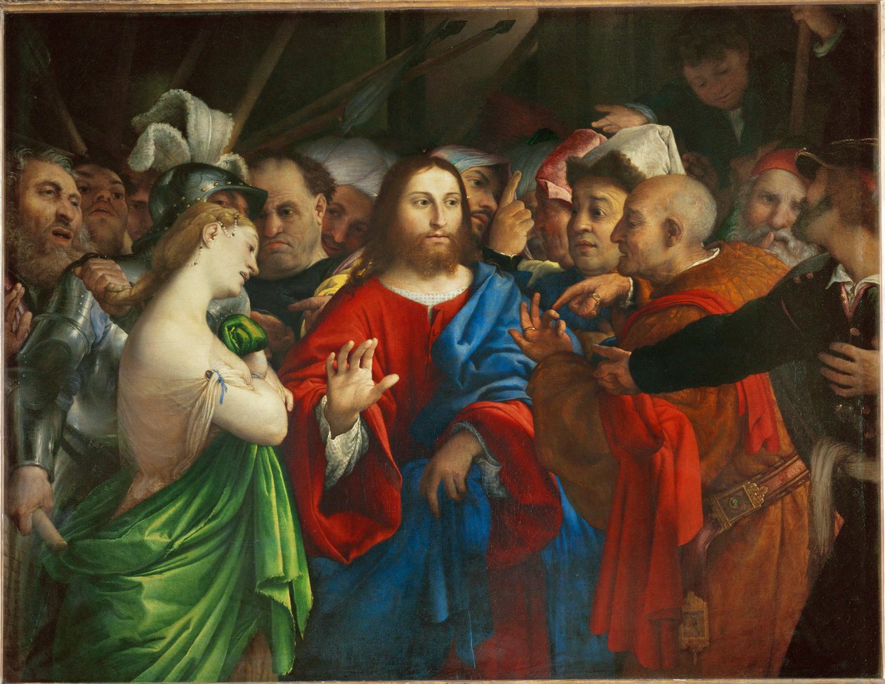 Le Christ et la femme adultere - Kristus ja avionrikkojatar ... tekijältä Lorenzo (workshop of) Lotto