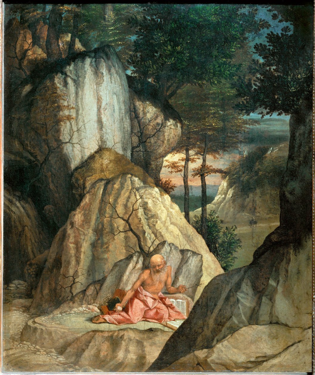 Saint Jerome meditant dans le desert - Pyhä Hieronymus meditoi erämaassa ... tekijältä Lorenzo (workshop of) Lotto