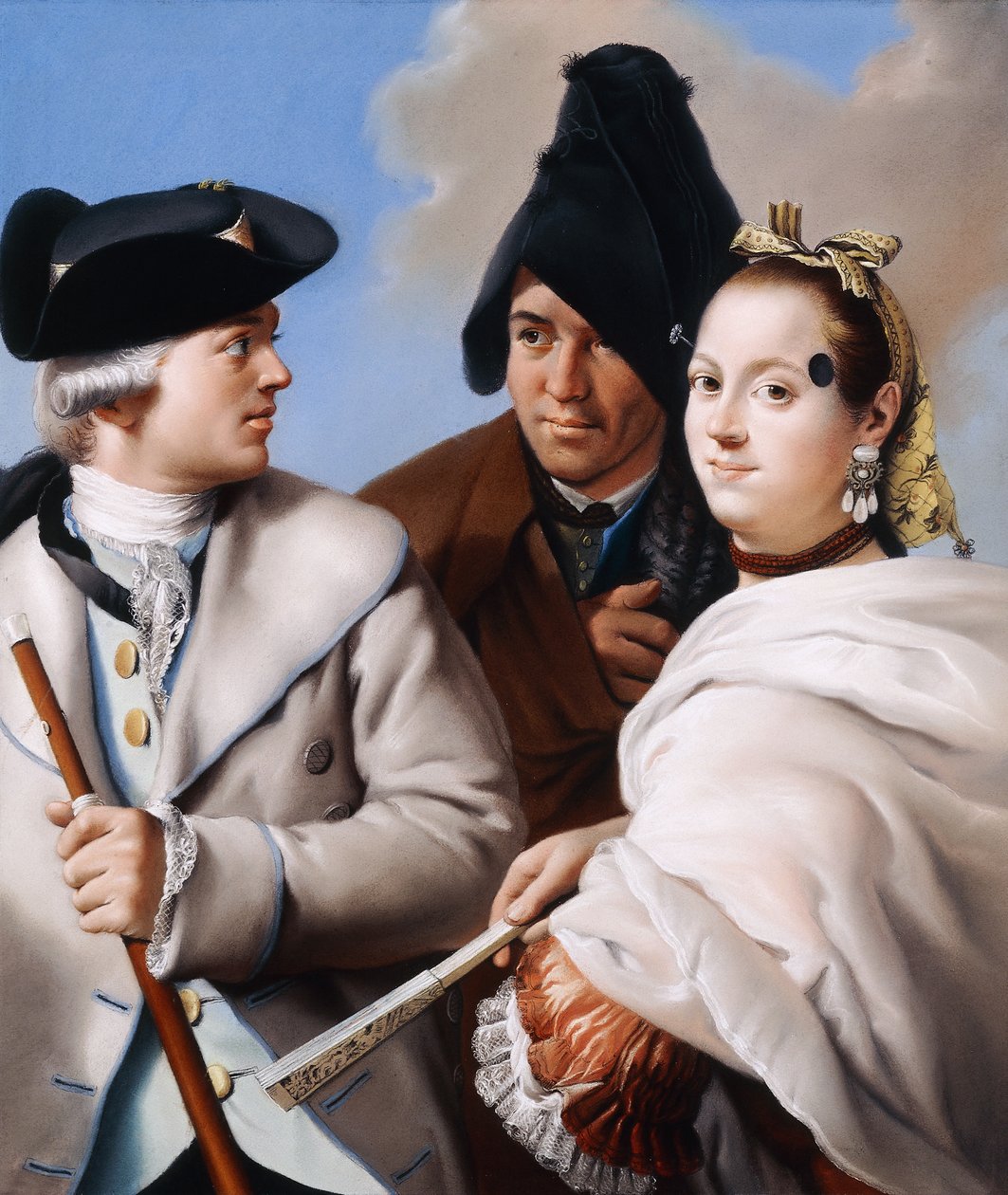 Tricorn-hattu herrasmies, jolla on keppi, herrasmies mustassa fryygialaisessa kupissa ja nuori nainen, jolla on Mouche punaisessa mekossa, tekijältä Lorenzo Baldissera Tiepolo