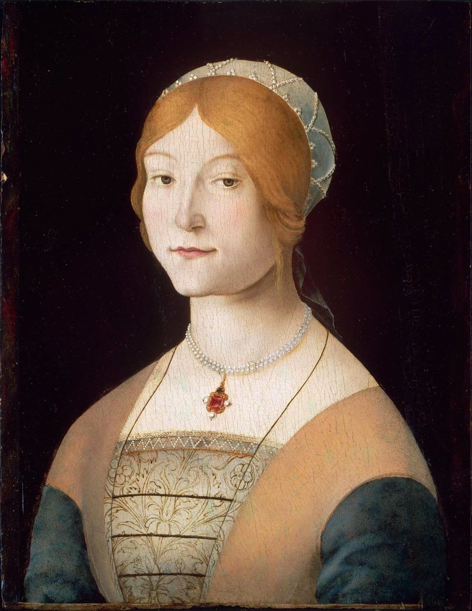 Italian: Portrait of a Woman with a Pearl Necklace Portrait of a Woman with a Pearl Necklace (Naisen muotokuva ja helmikaulakoru) tekijältä Lorenzo Costa