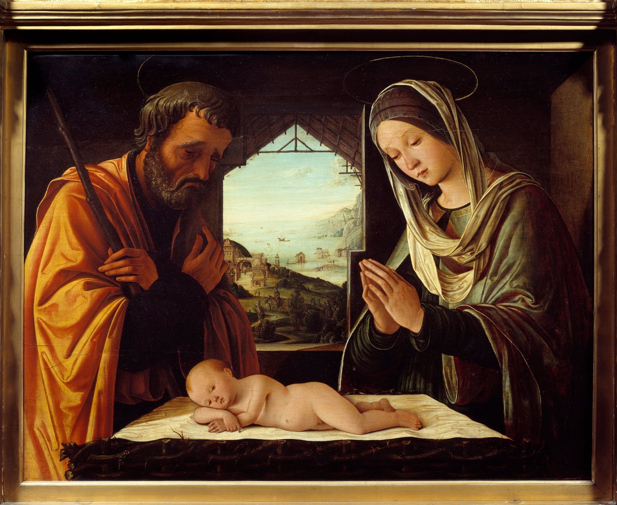 Lorenzo Costan (1460-1535) nativiittipuumaalaus 1490 Dim. 0,65x0,85 m Lyon, Musee des Beaux Arts tekijältä Lorenzo Costa