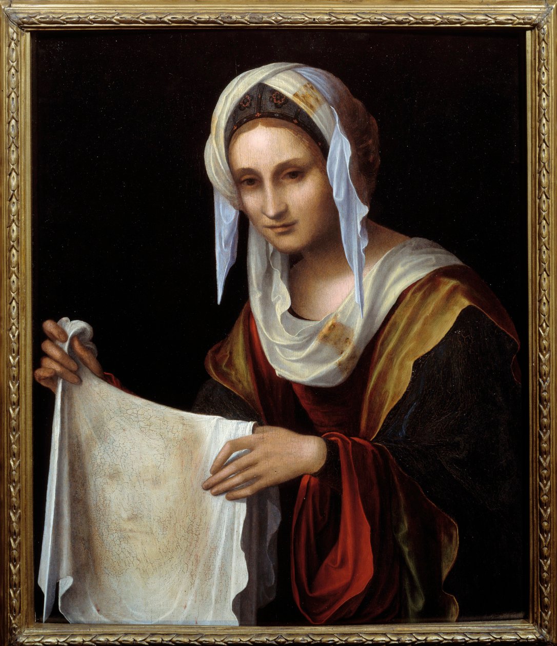 Pyhä Veronica. Pyhä verho edustaa Kristuksen kasvoja, jonka hien Veroniquen sanottiin hikoilevan Golgatalle kiipeämisen aikana. Lorenzo Costan (1460-1535) maalaus Sun. 0,64x0,54 m tekijältä Lorenzo Costa