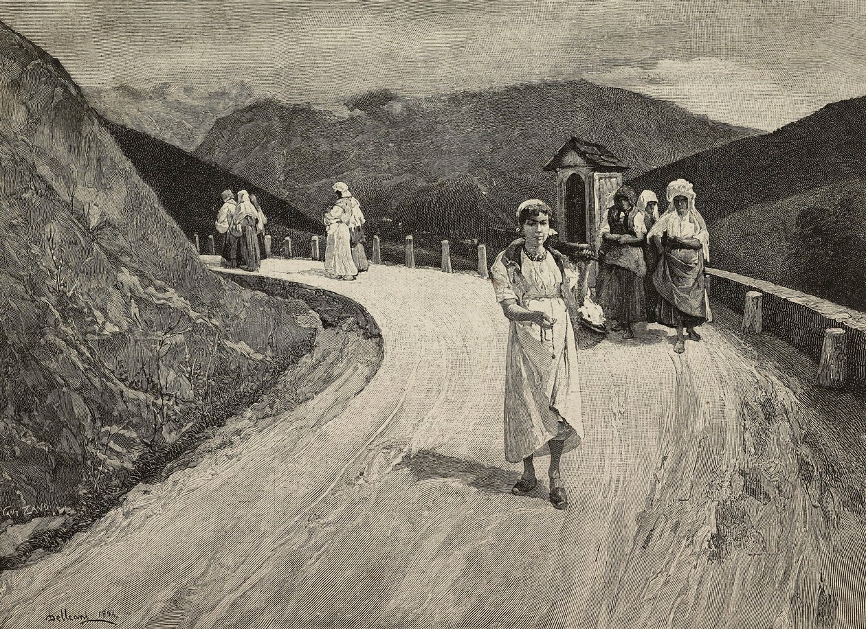 On Sacred Way, naispyhiinvaeltaja kävelee polkua pitkin, Brera, United Expositions, Milano, Italia, F Cantagallin kaiverrus Lorenzo Delleanin (1840-1908) maalauksesta L