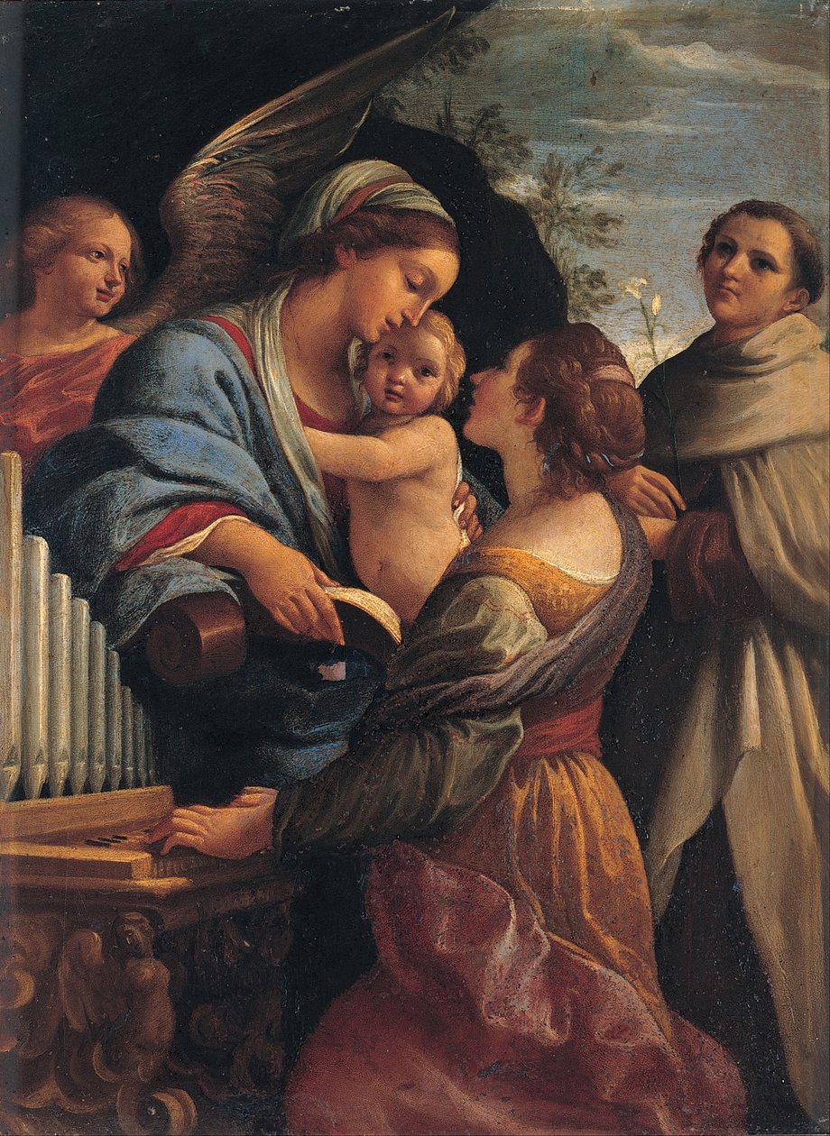 Italian kieli: Madonna lapsen kanssa ja pyhät Cecily ja Albert Madonna lapsen kanssa, pyhä Cecily ja pyhä Albert tekijältä Lorenzo Garbieri