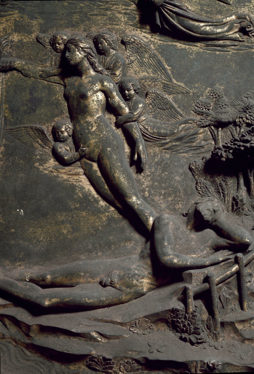 Eevan luominen Aatamin rannikolta. Yksityiskohta itämaisesta ovesta nimeltä Paratiisi, veistos tekijältä Lorenzo Ghiberti