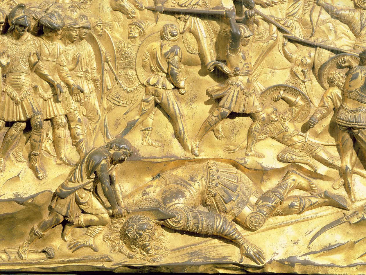 Daavid ja Goljat, yksityiskohta alkuperäisestä paneelista kastekappelin East Doorsista, 1425-52 (kullattua pronssia) (kunnostuksen jälkeinen) tekijältä Lorenzo Ghiberti
