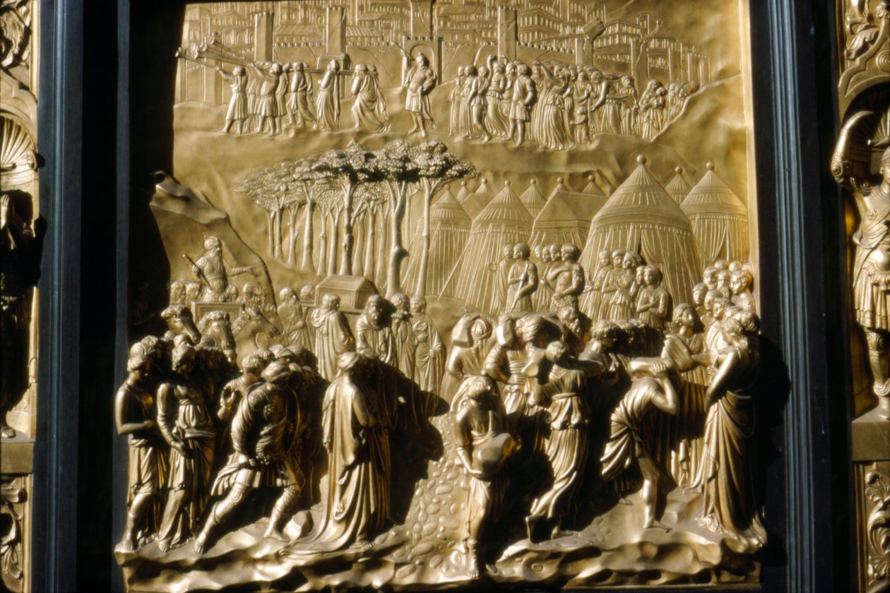 Israelilaiset ottavat Jerikon, yksityiskohta kastekappelin ovesta, Firenze, Italia, 1400-luku tekijältä Lorenzo Ghiberti